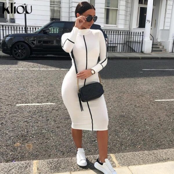 Women Dress Turtleneck Full Sleeve Casual Long Dresses Fashion Striped Patchwork ladies skinny vacation clothes  Stirmas