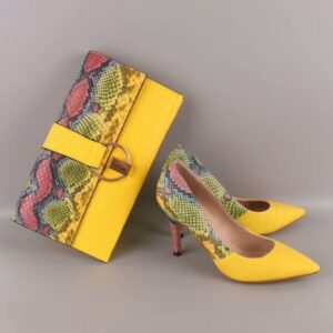 Yellow Snake Skin Printed Leather Shoes with women bag set ,women shoes pumps With Matching Clutch Bags Sets 36-43 hot selling