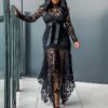 Vintage Sexy Lace Long Dress for Women Mesh Hollow Bodycon African Maxi Ladies Dress  Stirmas
