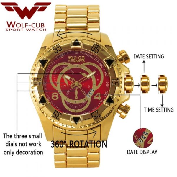 US Wolf-Club Gold Luxury Men Watch With Date/Calendar  Stirmas
