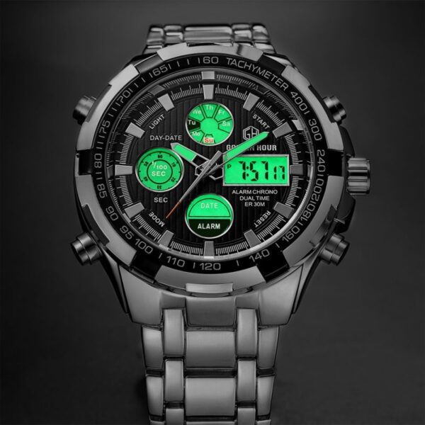 Quality Brand Waterproof Military Wristwatch for Men Silver Steel Digital Quartz and Analog Watch Clock with LED Display At Night  Stirmas
