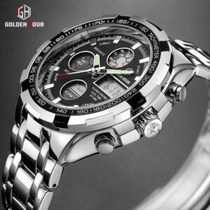 Quality Waterproof Military Wristwatch for Men Silver Steel Digital Quartz and Analog Watch Clock with LED Display At Night
