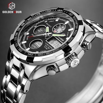 Quality Brand Waterproof Military Wristwatch for Men Silver Steel Digital Quartz and Analog Watch Clock with LED Display At Night  Stirmas