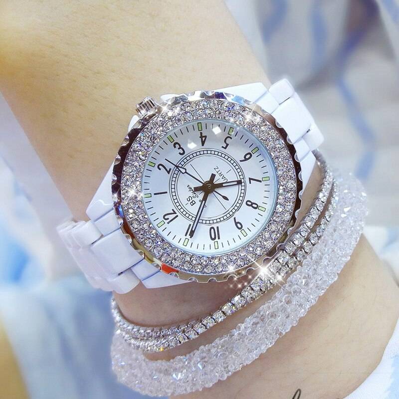 Luxury Crystal Wristwatches Women White Ceramic Ladies Watch Quartz ...