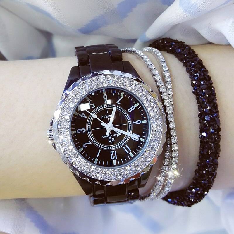 Luxury Crystal Wristwatches Women White Ceramic Ladies Watch Quartz ...