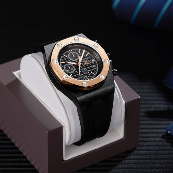 Fashion Classic Quartz Men watch Chronograph Waterproof Rubber Belt Date Wristwatch Rose Gold Metal Watch  Stirmas