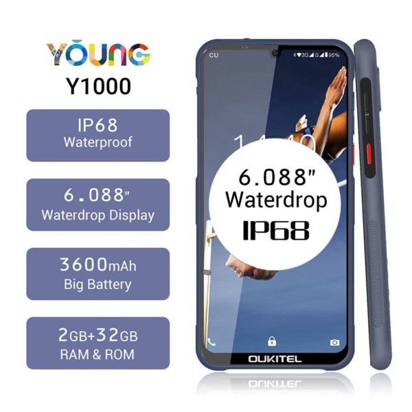 OUKITEL Y1000 6.088″ Android 9.0 IP68 Waterdrop 19.5:9 MT6580P 2GB 32GB 3600mAh Fingerprint Smartphone 5V/1A Mobile Phone  Stirmas