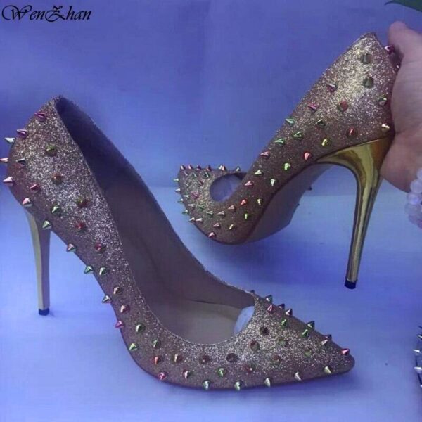 Glitter Spikes High Heels Women Fashion Shoes Rivets Silver High Heels Lady Shoes size 36-44  Stirmas