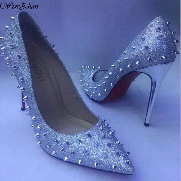 Glitter Spikes High Heels Women Fashion Shoes Rivets Silver High Heels Lady Shoes size 36-44  Stirmas