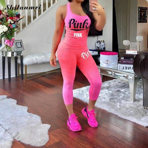 Ladies Skinny Tracksuit Blend T Shirt Tank Tops Causal Skinny Sport Sets Plus Size 2 pcs Sets Women Pink  Stirmas