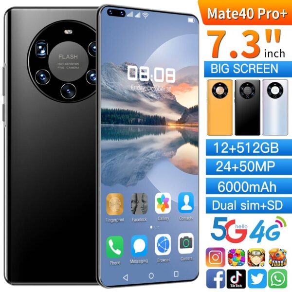 Global Version Ultra Thin Mate40 Pro+ Smartphone 6000mAh Full Screen 7.3 Inch Deca Core 16GB 512GB 4G LTE 5G Network Smartphones  Stirmas