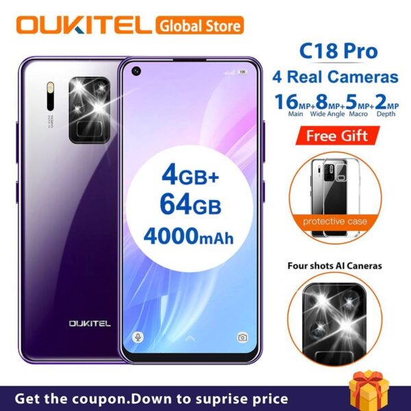 OUKITEL C18 Pro 6.55″ Android 9.0 MT6757 4GB 64GB 16MP 4 Cameras Smartphone 1600*720 4000mAh Octa Core Fingerprint Mobile Phone  Stirmas