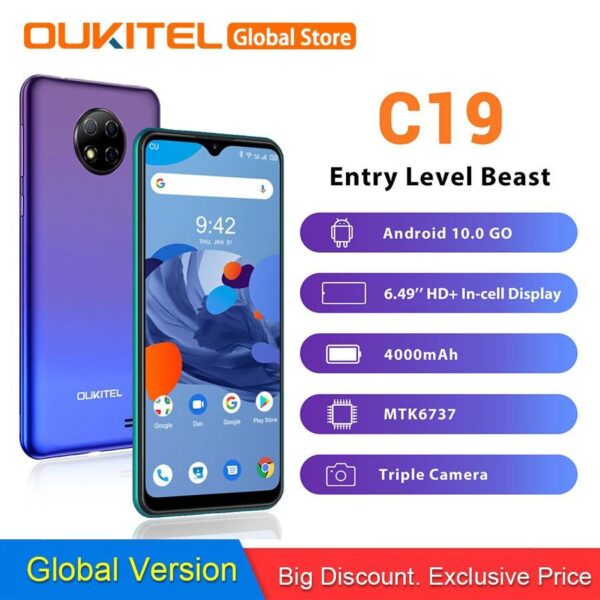 OUKITEL C19 6.49″ HD+ 2GB 16GB Android 10.0 MTK6737 Quad Core Smartphone 1560*720 4000mAh 13MP 5V/1A 4G Mobile Phone  Stirmas