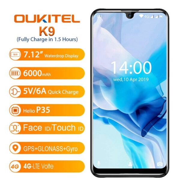 OUKITEL K9 Waterdrop 7.12″ FHD+ 1080*2244 16MP+2MP/8MP Smartphone 4GB 64GB Face ID 6000mAh 5V/6A Quick Charge OTG Mobile Phone  Stirmas