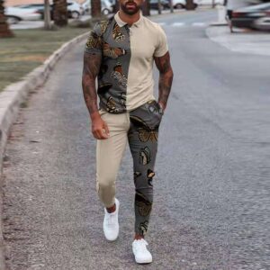 Fashion Zipper POLO Shirt+Trousers Stitching Print Casual Jogger Tracksuit Sweatshirt Set For Men Clothes