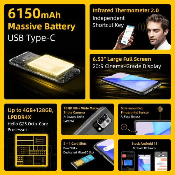 UMIDIGI Power 5 Android 11 Global Version Smartphone 6.53″ Full Screen Helio G25 16MP AI Triple Camera 6.53” 6150mAh  Stirmas